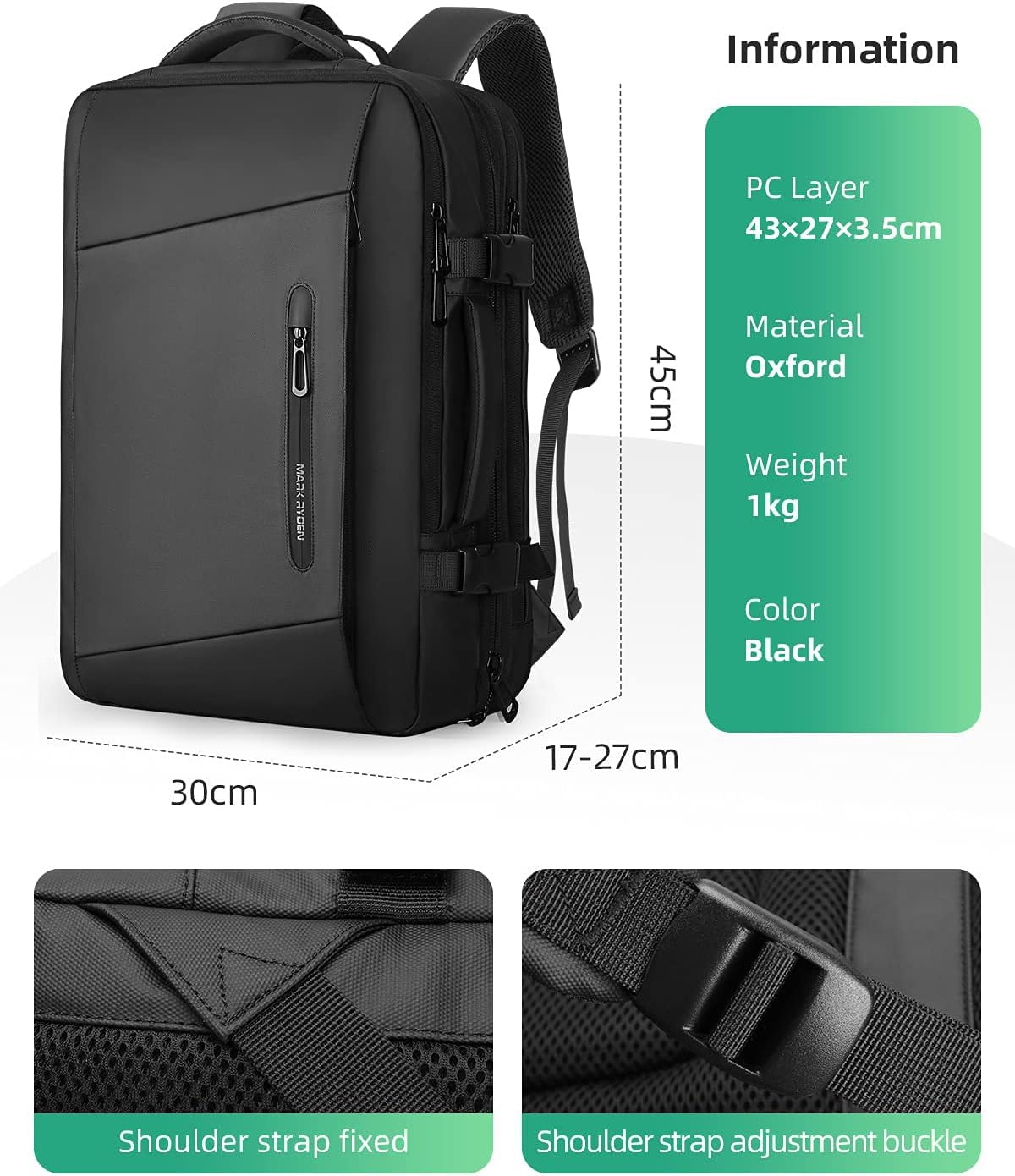 MARK RYDEN 26L-38L Erweiterbarer Rucksack 17 Zoll Laptop