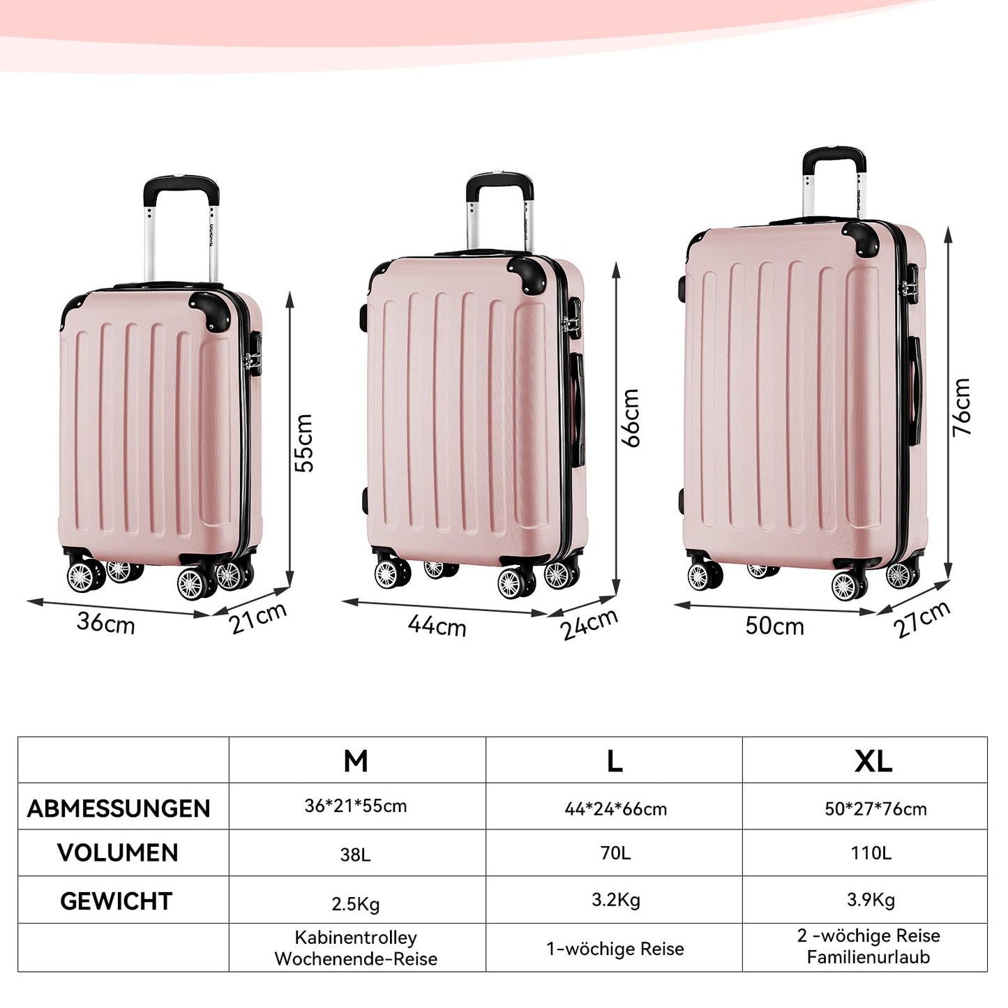 BEIBYE Hartschalen Koffer M Rosa Gold 4 Rollen