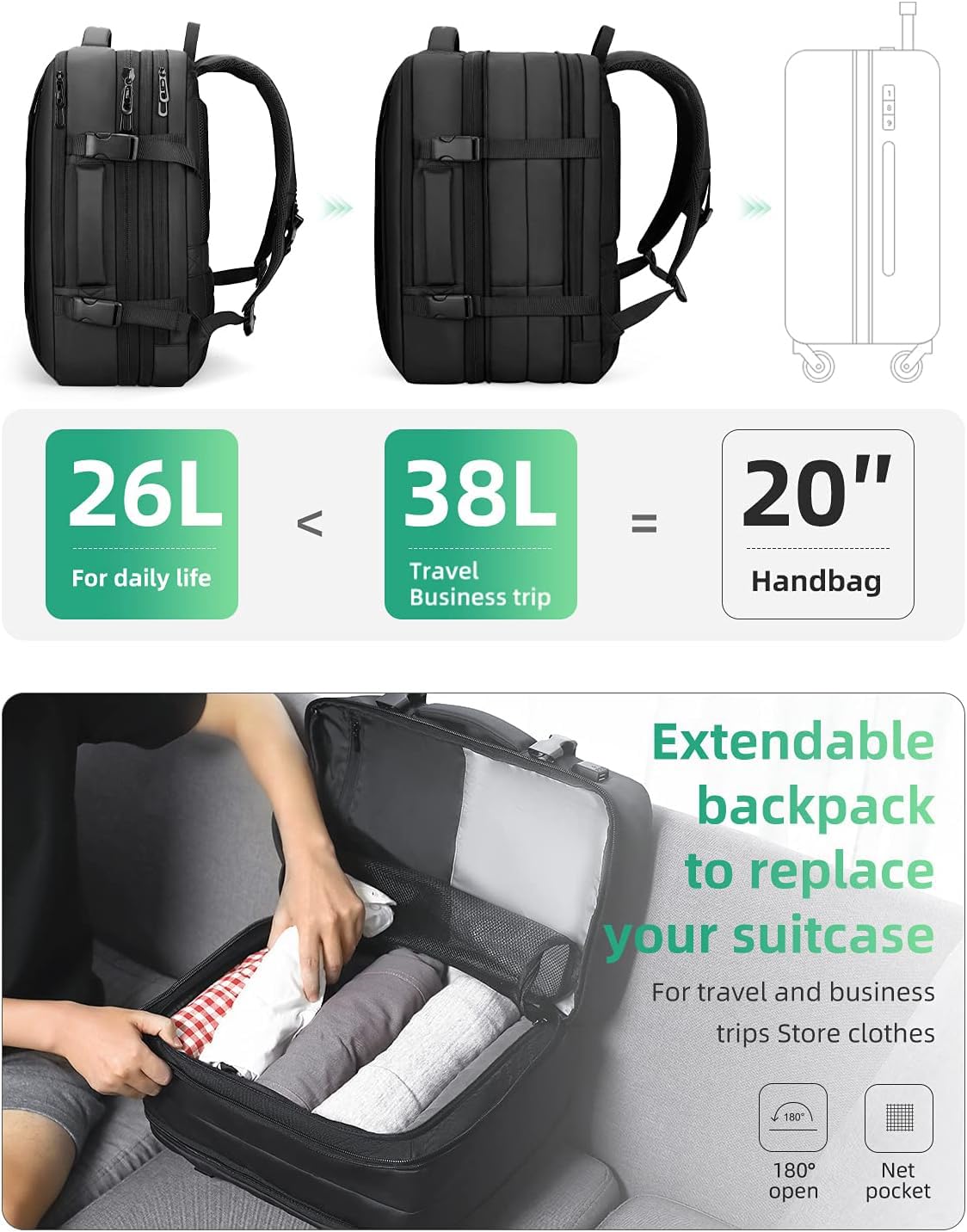 MARK RYDEN 26L-38L Erweiterbarer Rucksack 17 Zoll Laptop
