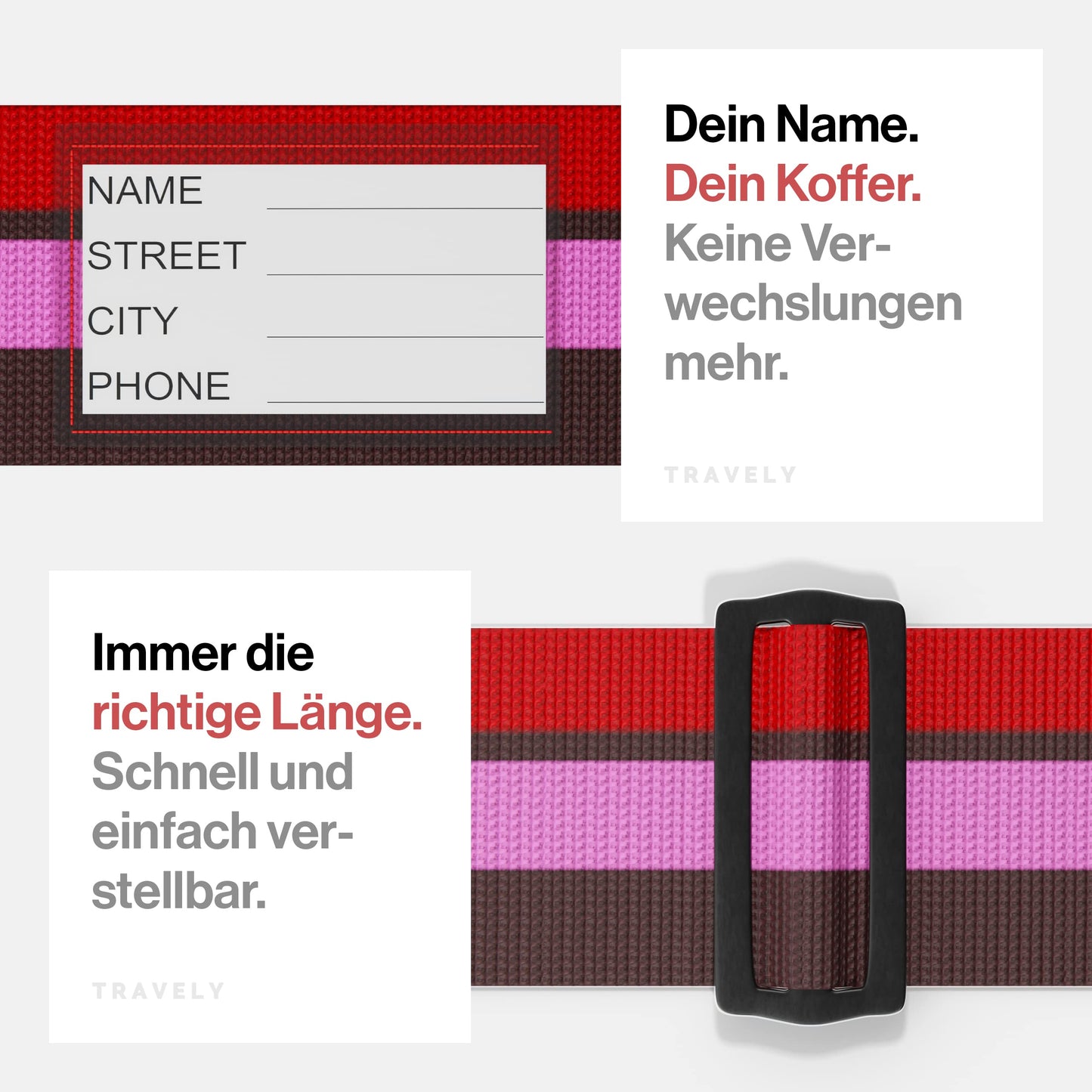 Travely Koffergurt 2er Set mit Namensschildern