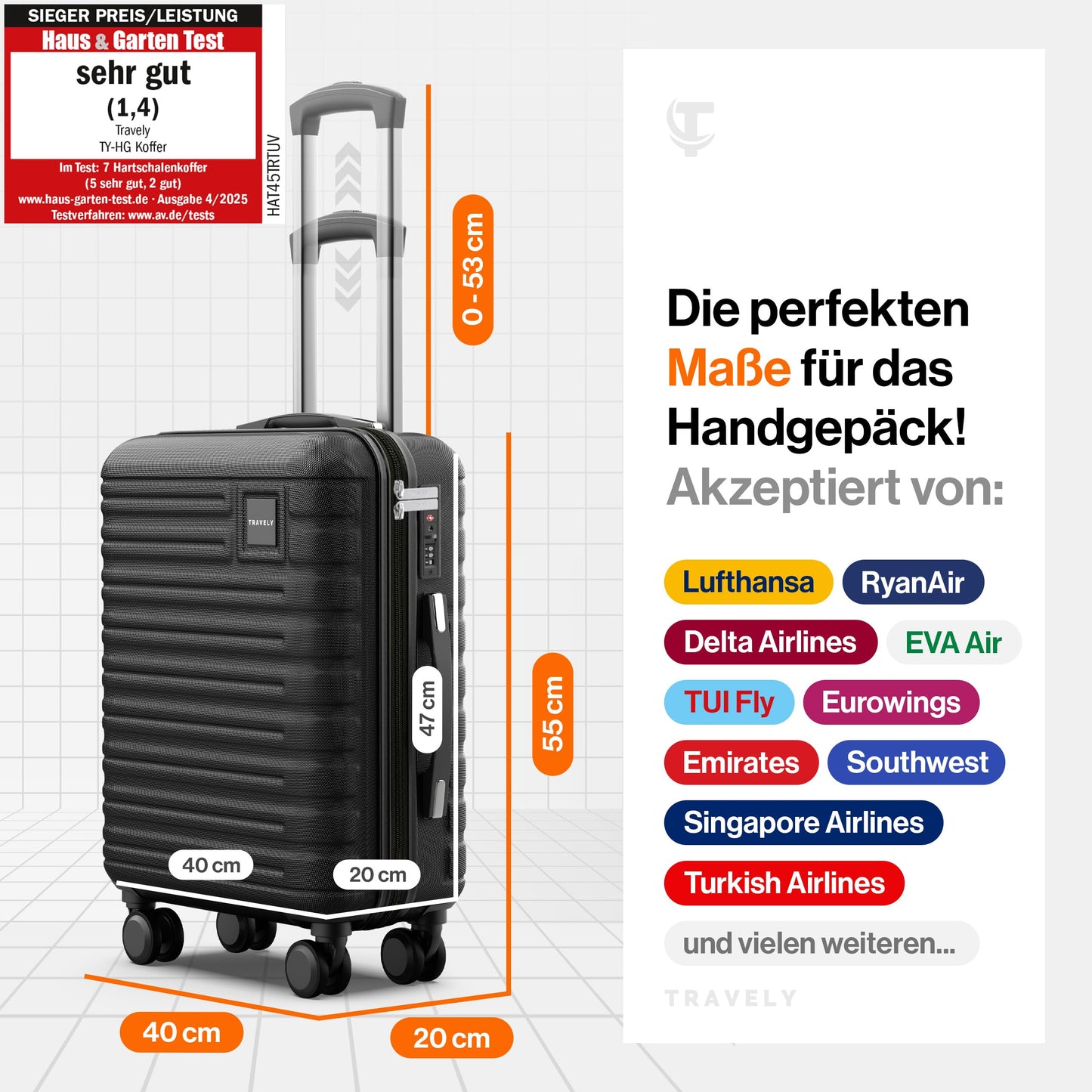 Travely 36L Handgepäck Koffer TSA 55x40x20cm